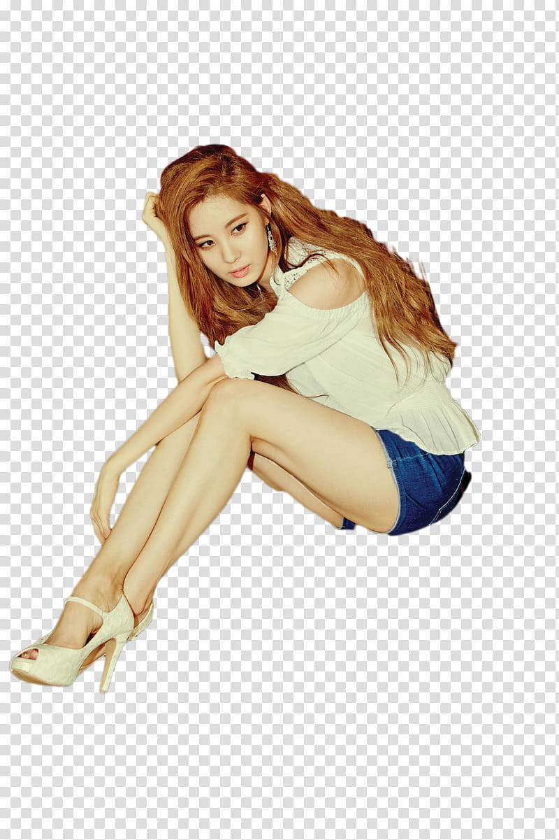 Seohyun Holler Concept, woman sitting on floor wearing white blouse and blue denim shorts transparent background PNG clipart