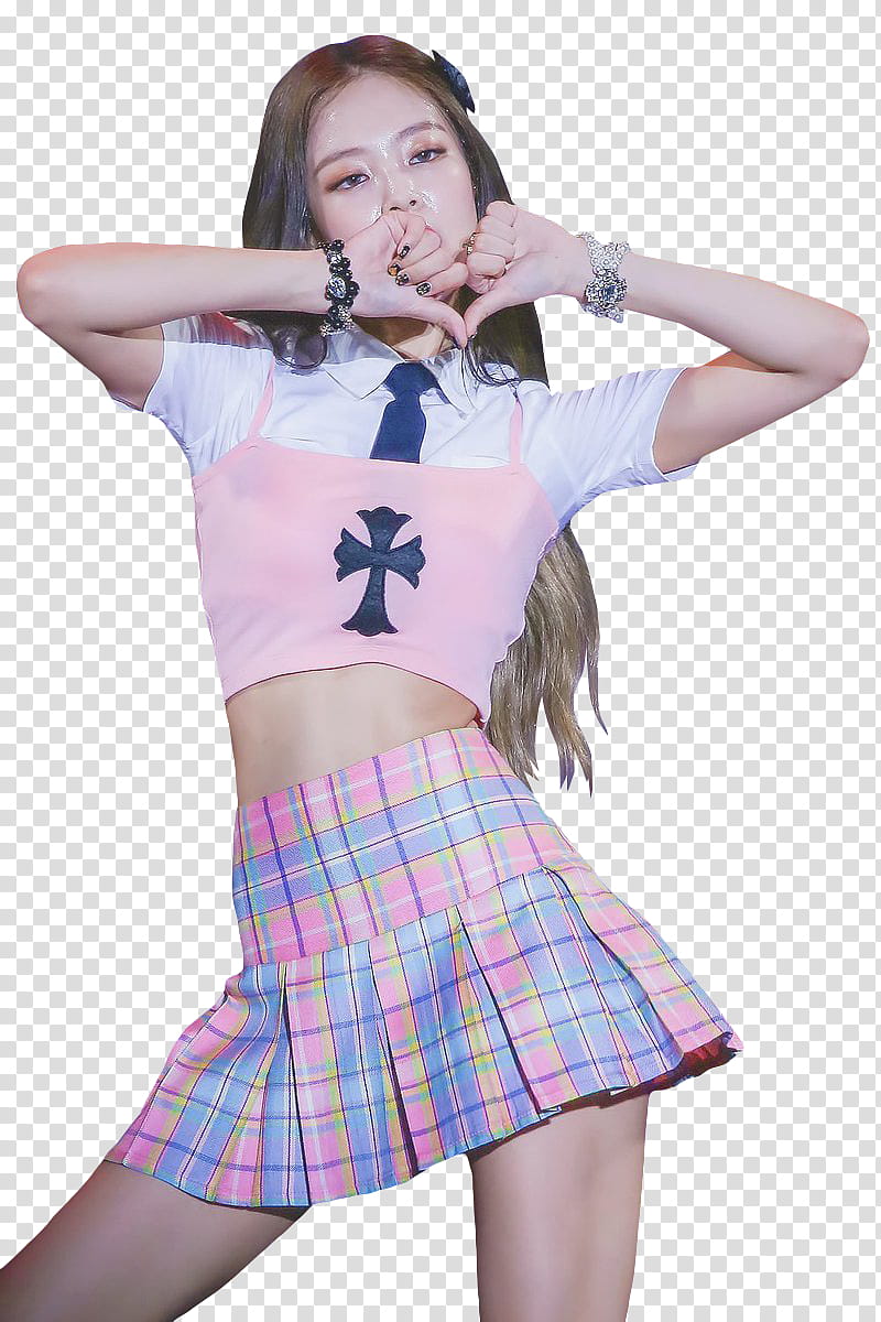 JENNIE BLACKPINK, woman wearing pink and white t-shirt and pink, blue, and yellow plaid miniskirt while dancing transparent background PNG clipart