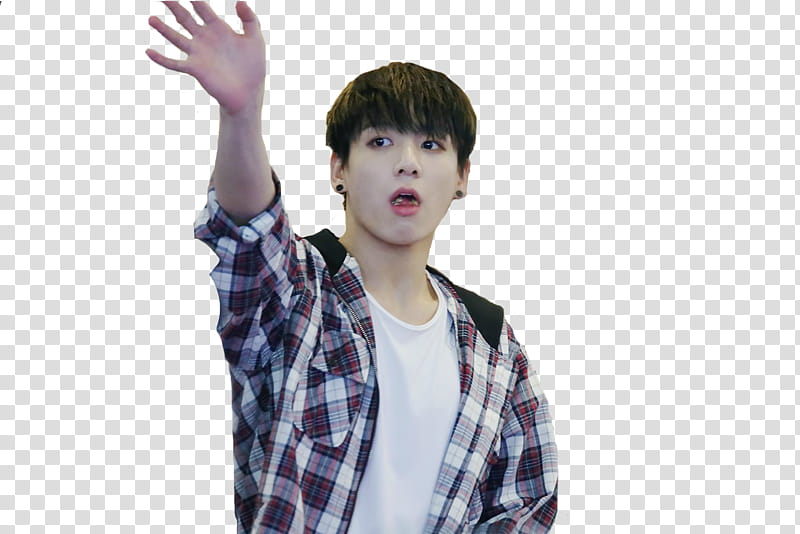 Jungkook, man wearing white, red, and black plaid zip-up hoodie transparent background PNG clipart