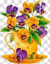purple and yellow flowers in pot with handle transparent background PNG clipart