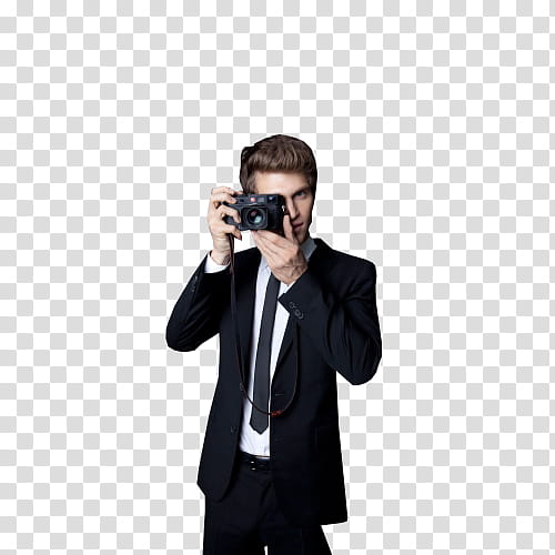 Keegan Allen, man wearing suit and tie while holding camera transparent background PNG clipart