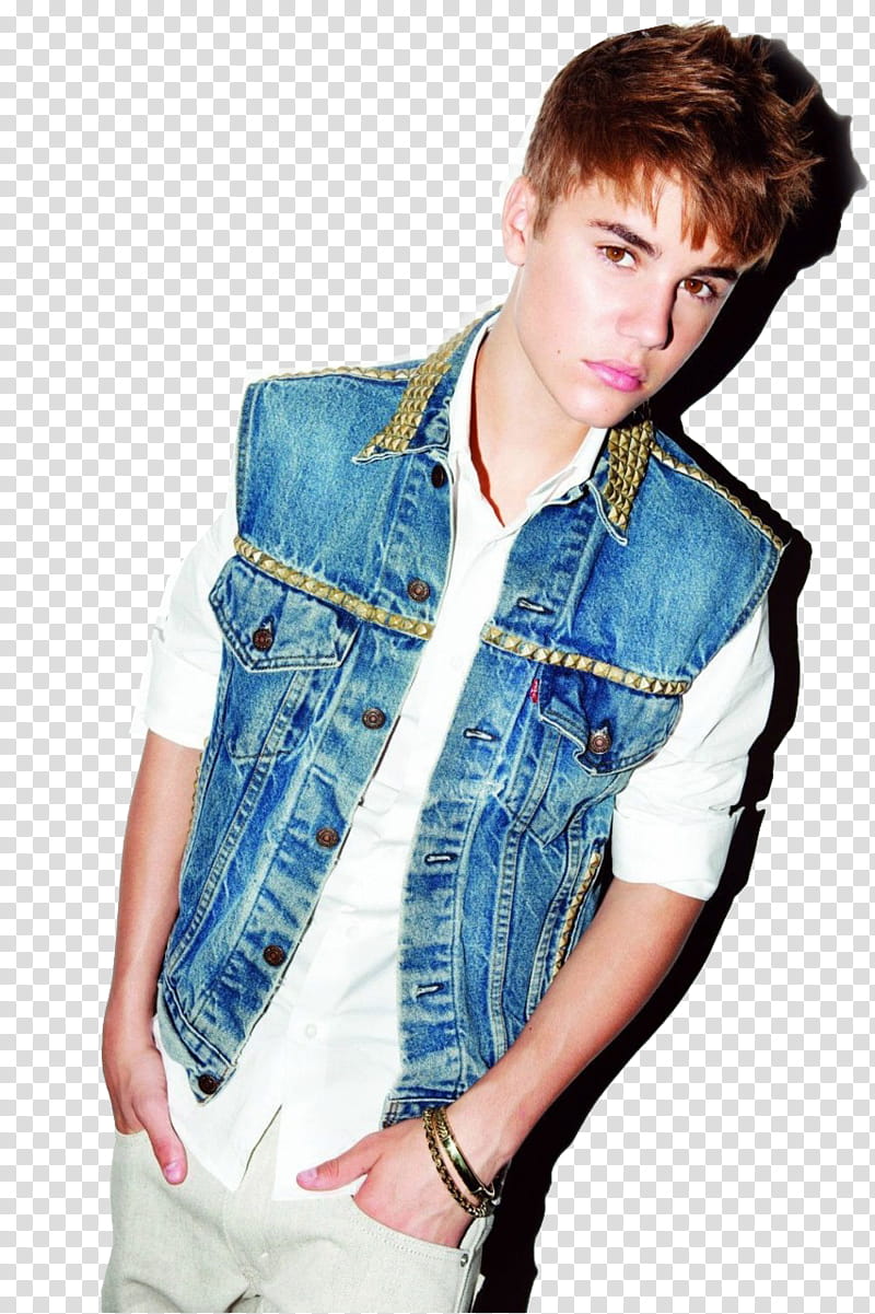 Justin Bieber, standing Justin Bieber wearing blue denim vest with hands in pocket transparent background PNG clipart
