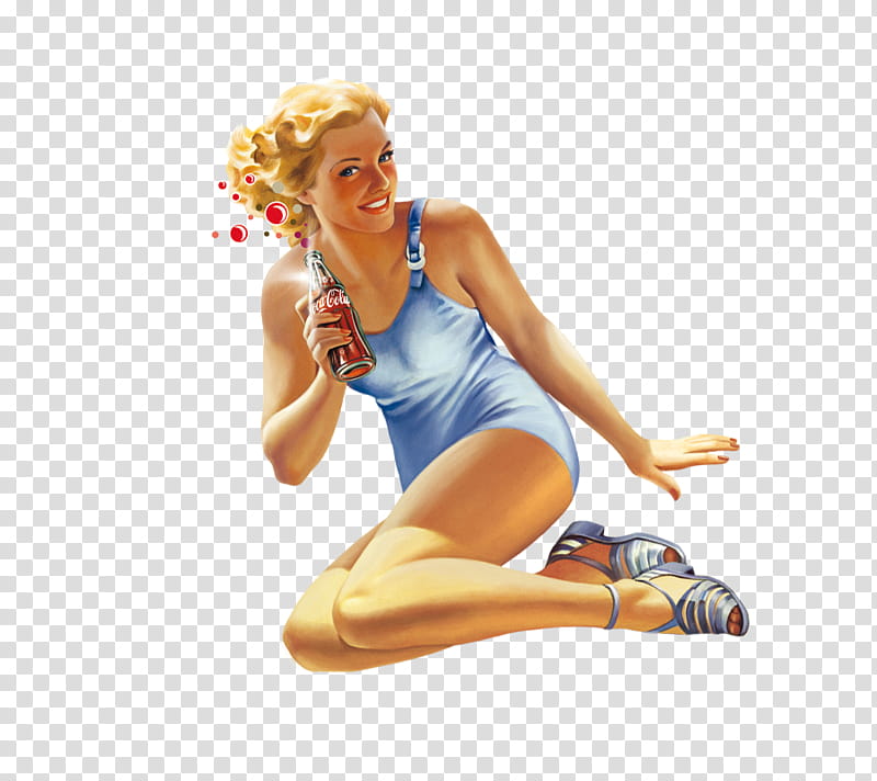 Ning Vintage Pin up girls Pics, sitting woman wearing blue one-piece swimsuit holding Coca-Cola bottle illustration transparent background PNG clipart