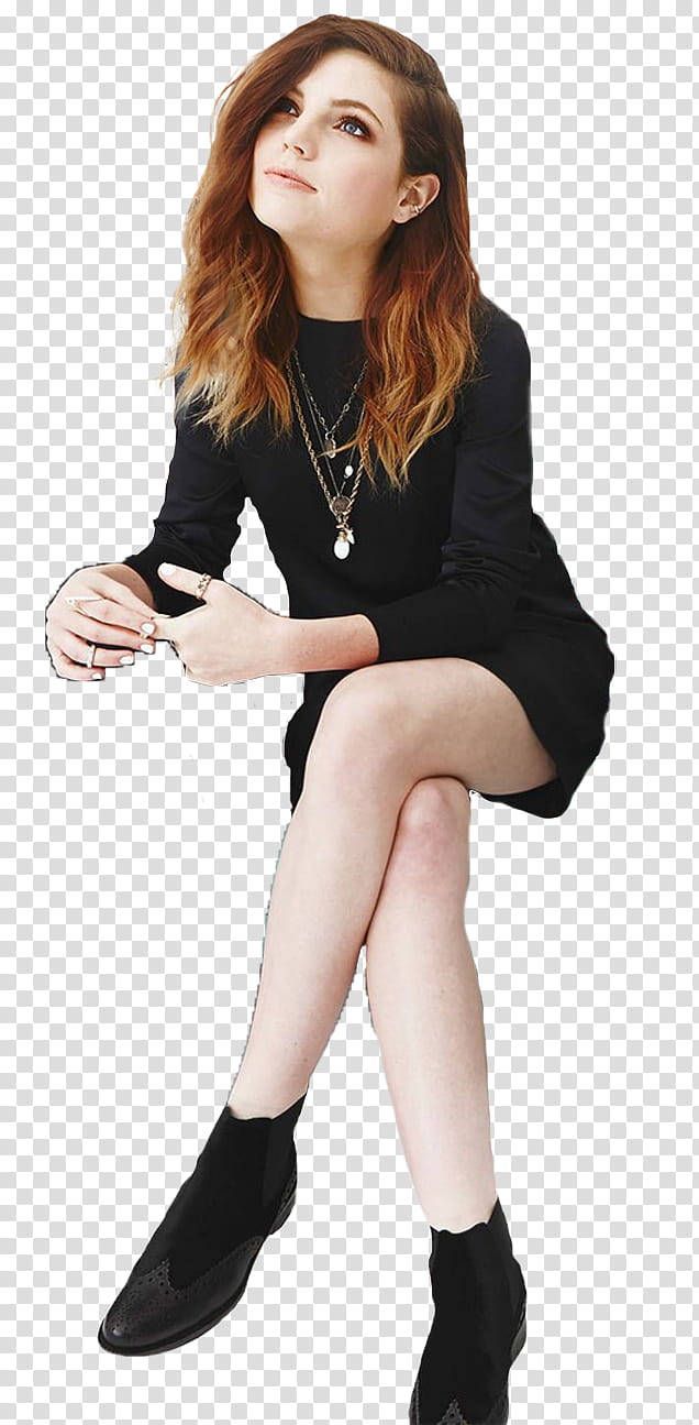 Sydney Sierota, woman sitting wearing black long-sleeved mini dress transparent background PNG clipart