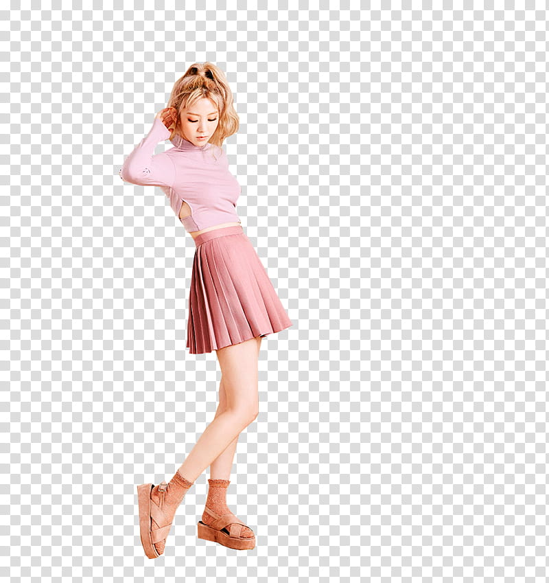 CHAE EUN, girl standing wearing pink long-sleeved crop-top holding her hair transparent background PNG clipart