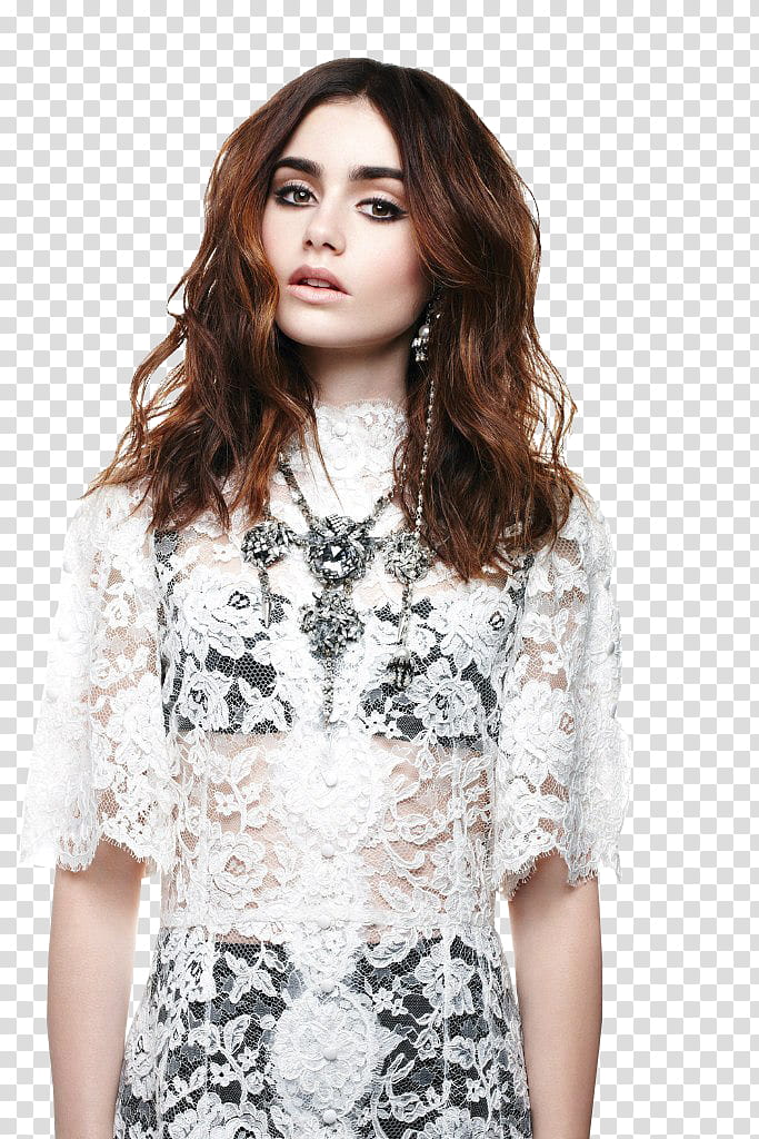 Lily Collins Render, woman wearing white lace short-sleeved top standing transparent background PNG clipart