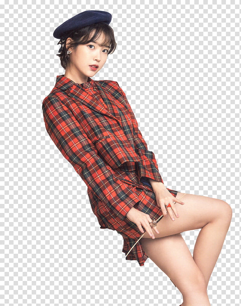 IU SEASON S GREETINGS  PT, standing woman wearing red, black, and gray plaid sports shirt transparent background PNG clipart