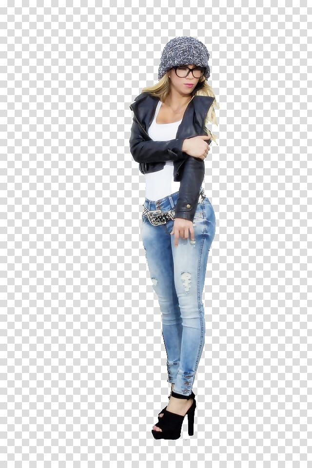 woman in gray hat, white scoop-neck top, black leather crop jacket, and blue distressed jeans transparent background PNG clipart