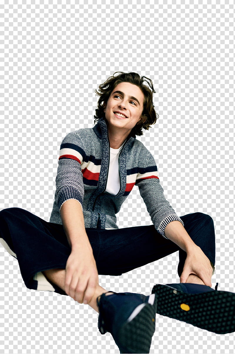 TIMOTHEE CHALAMET, man sitting while smiling with blue background transparent background PNG clipart