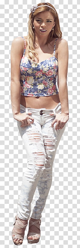 Sheyla Rojas , woman standing and pulling her pants down wearing floral crop top transparent background PNG clipart