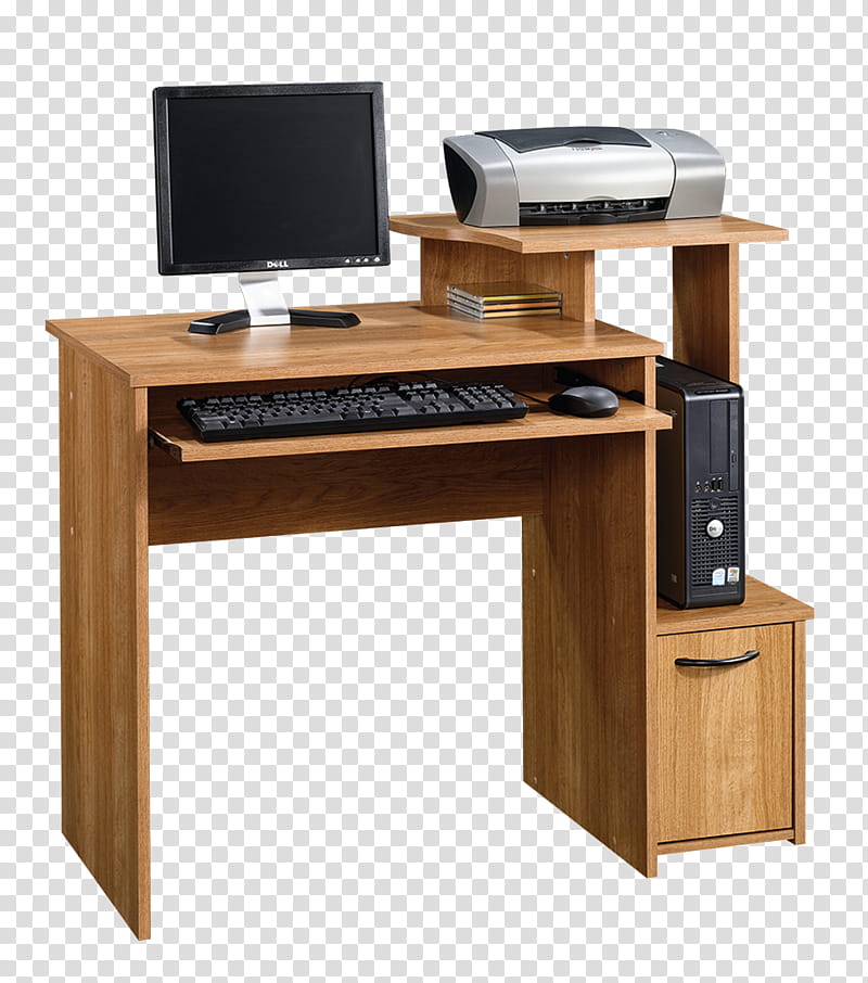 black Dell computer monitor, gray printer, and brown wooden desk transparent background PNG clipart