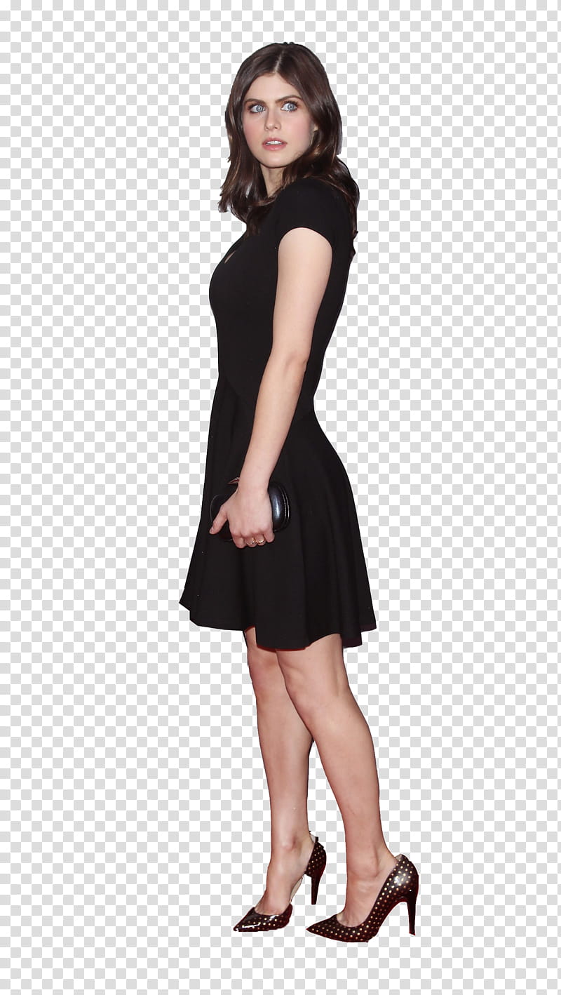 Alexandra Daddario, woman wearing black midi dress transparent background PNG clipart