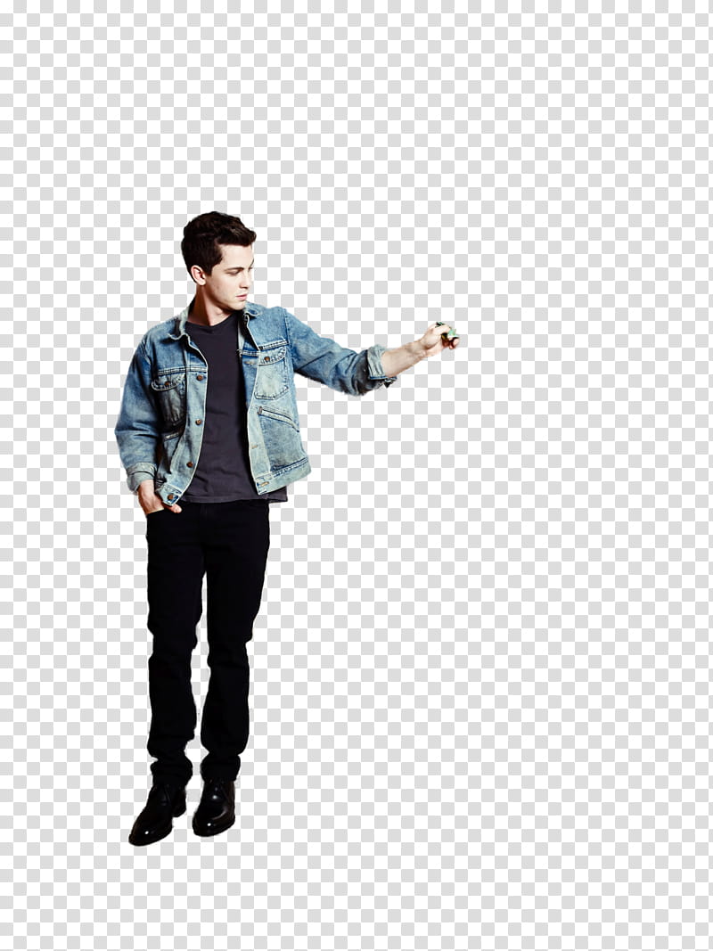 Logan Lerman, man wearing blue denim jacket and black pants standing transparent background PNG clipart