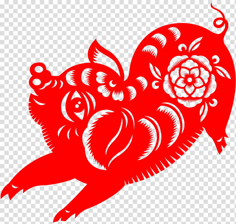 Chinese New Year Paper Cutting, Papercutting, Pig, Chinese Paper Cutting, Wild Boar, Red, Heart, Love transparent background PNG clipart