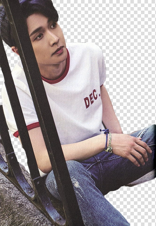 Lay EXO SHEEP PT, man sitting beside black metal railing transparent background PNG clipart