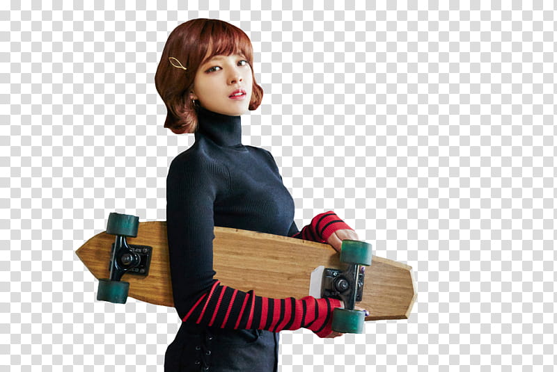 Twice LIKEY, woman carrying single kick longboard transparent background PNG clipart