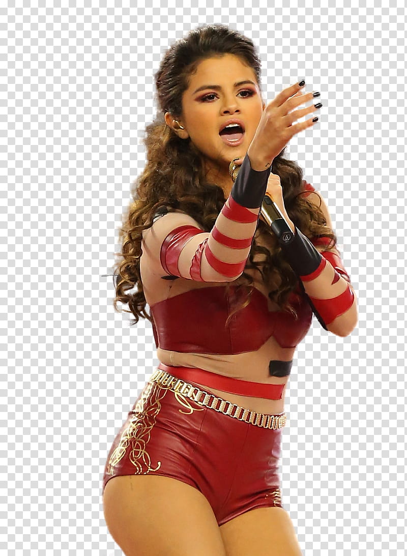 Selena Gomez, singing Selena Gomez in red long-sleeved bodysuit transparent background PNG clipart