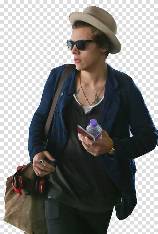 Harry Styles, man in blue jacket with brown leather crossbody bag transparent background PNG clipart