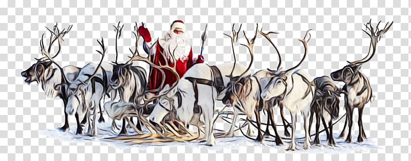 Santa claus, Watercolor, Paint, Wet Ink, Herd, Reindeer, Vehicle, Mushing transparent background PNG clipart