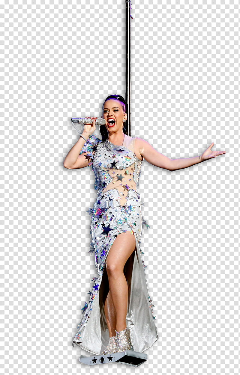 KATY PERRY SUPER BOWL HALF TIME , women's white and blue floral silt dress transparent background PNG clipart