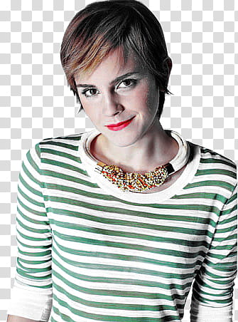 Emma Watson, smiling Emma Watson wearing green and white striped shirt transparent background PNG clipart