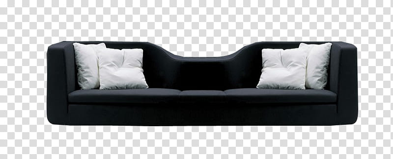 Sofa, black sofa and four white throw pillows transparent background PNG clipart