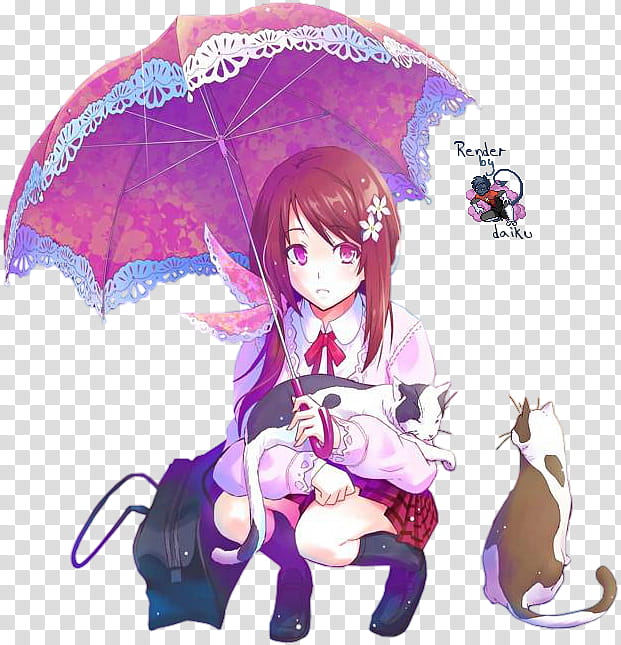 Girl with umbrella  Render , female anime character holding cat and umbrella transparent background PNG clipart