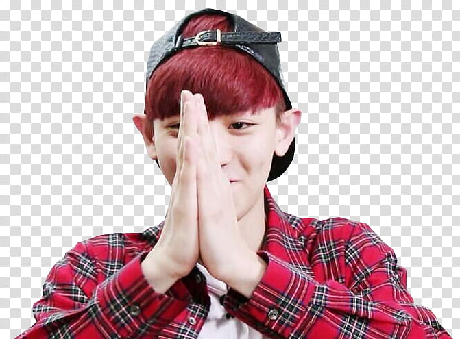 Park Chanyeol Roommate, cutout of man in plaid shirt doing praying hands transparent background PNG clipart