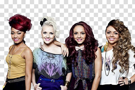 Little Mix, smiling four woman wearing assorted-color blouses transparent background PNG clipart