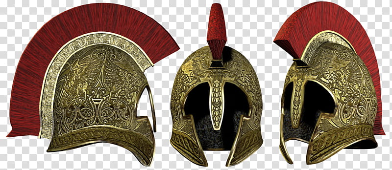 E S Helmet II, three brass-colored metal helms transparent background PNG clipart