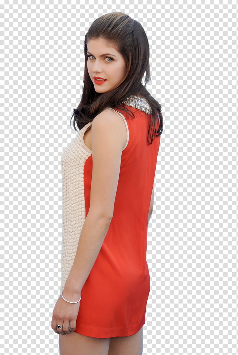 Alexandra Daddario, woman wearing red and white sleeveless mini dress transparent background PNG clipart