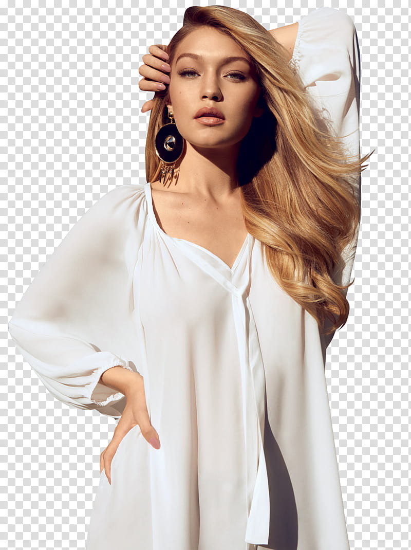 Gigi Hadid , standing woman wearing white button-up long-sleeved shirt holding her hair transparent background PNG clipart