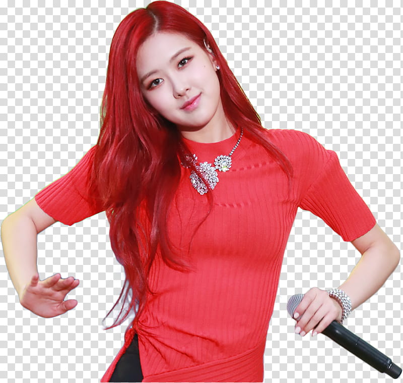 Rose BLACKPINK , standing red-haired woman wearing pink crew-neck shirt while holding microphone transparent background PNG clipart