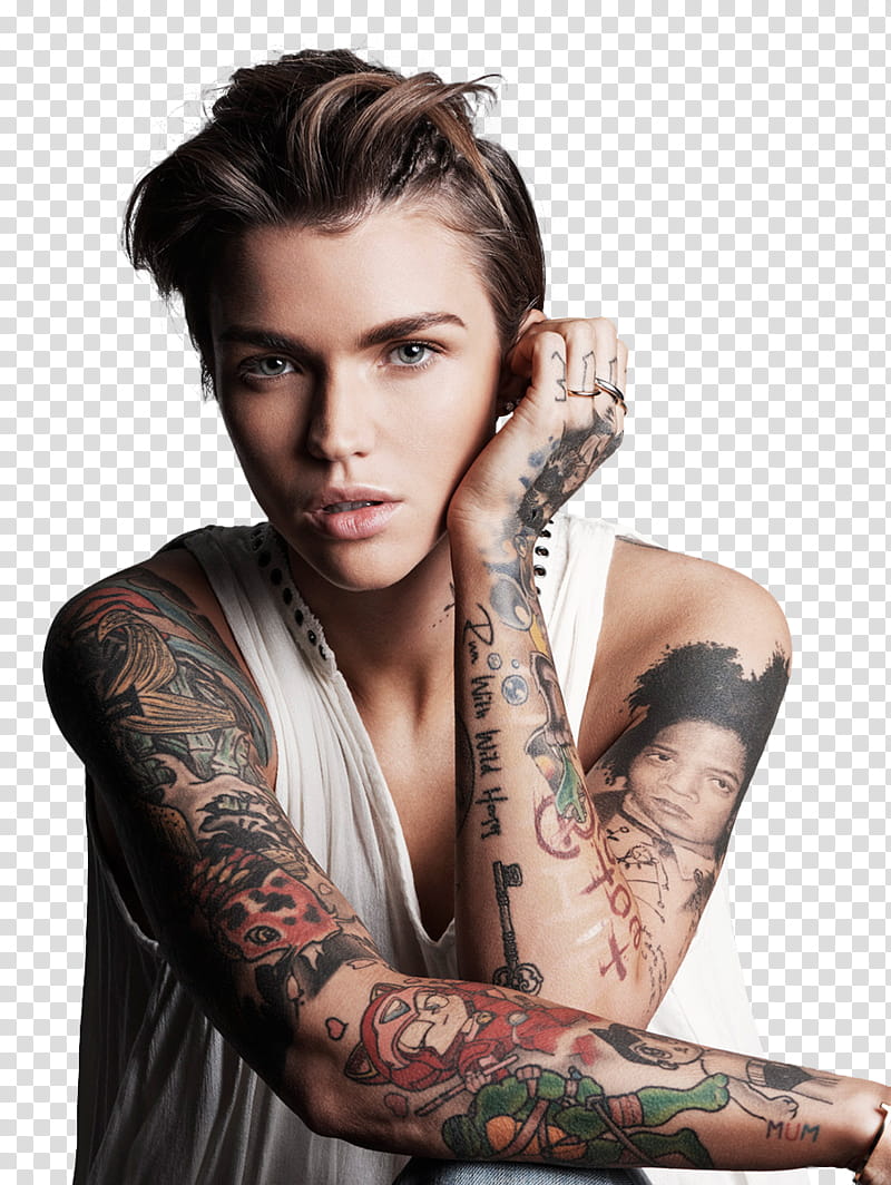 Ru, woman covered with tattoo wearing tank top transparent background PNG clipart