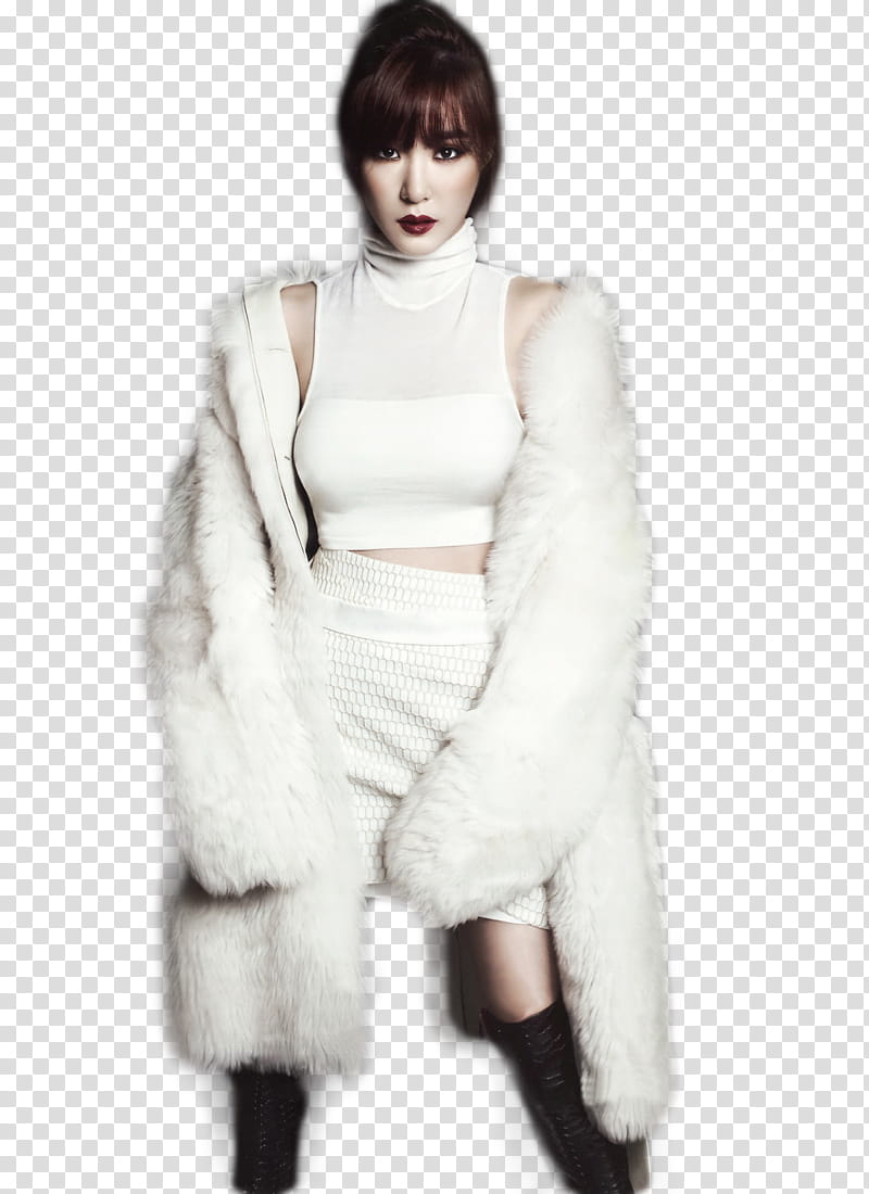 TIFFANY SNSD , woman wearing white turtleneck top and white fur coat transparent background PNG clipart