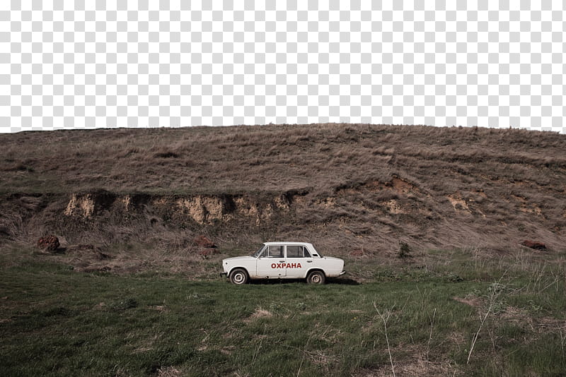 Mountains , white sedan in the middle of grassland transparent background PNG clipart