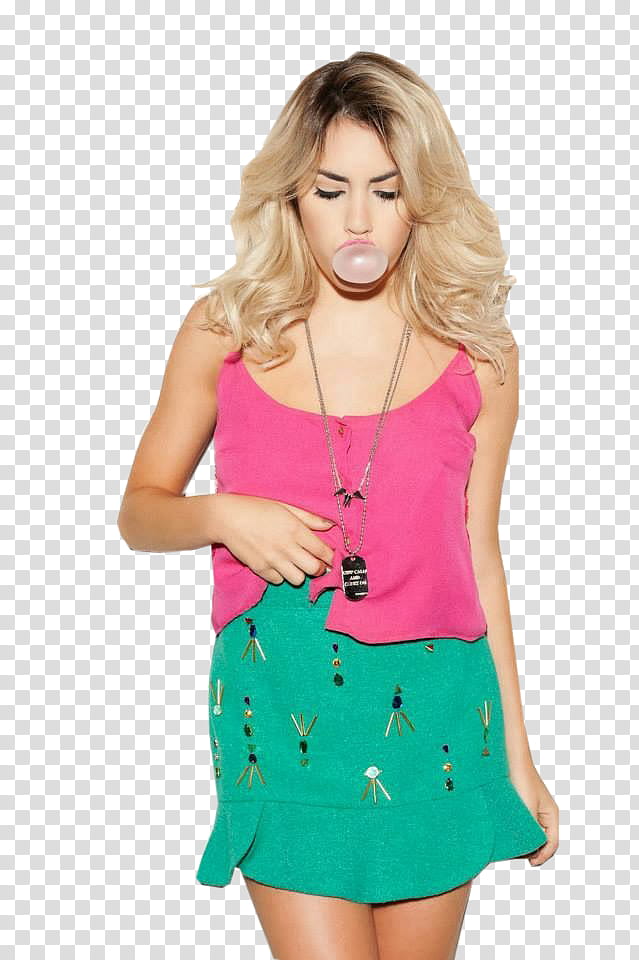 Lali Esposito, woman wearing pink tank blouse and blue mini skirt transparent background PNG clipart