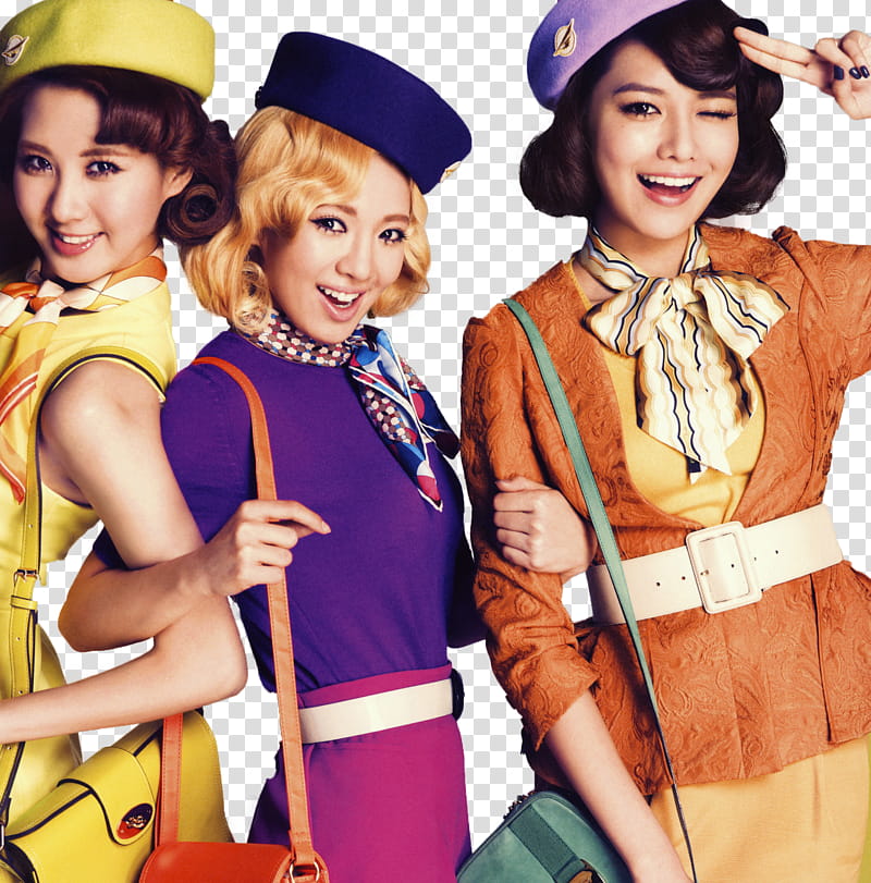 Girls Generation SNSD, three women wearing flight attendant outfits transparent background PNG clipart