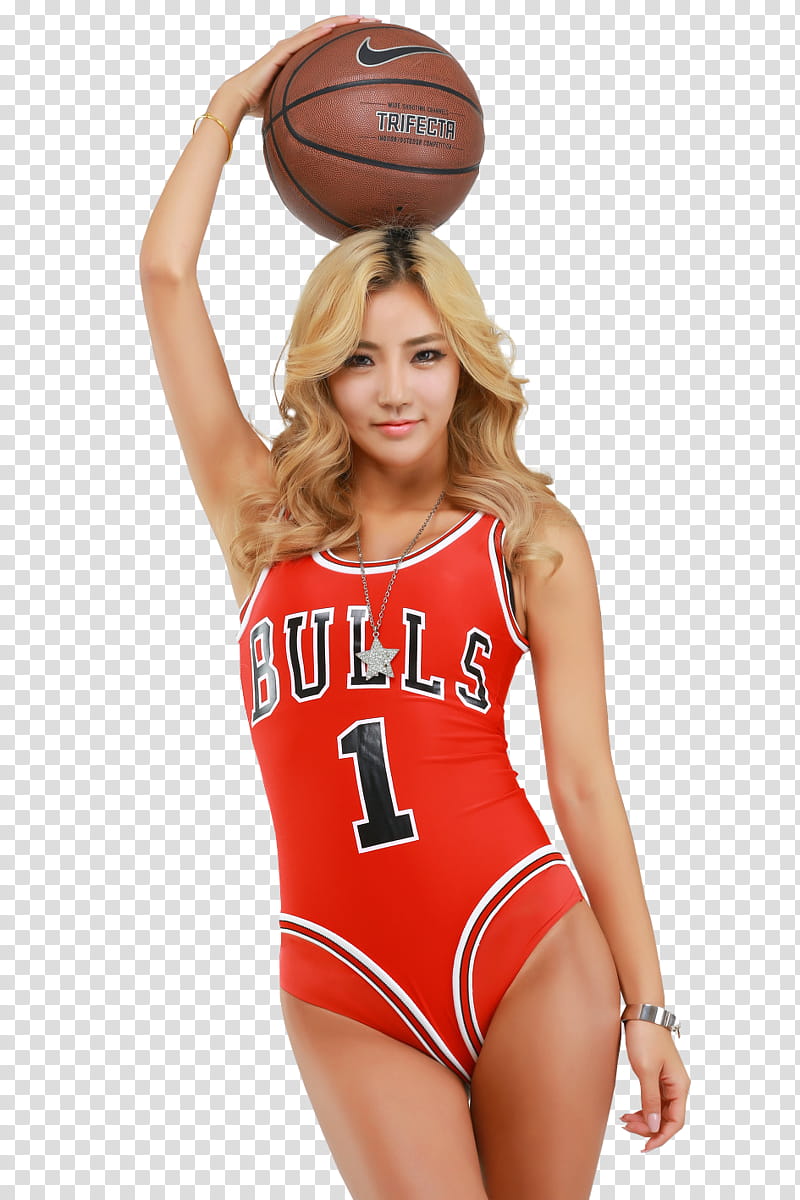 LEE BOM YI, woman wearing red Chicago Bulls Rose  one-piece suit holding basketball on head transparent background PNG clipart
