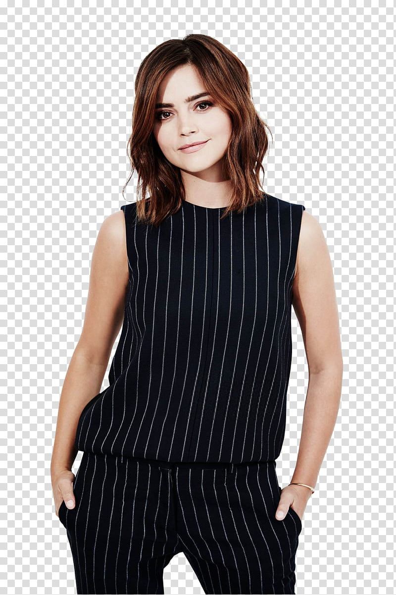 Jenna Coleman, woman wearing black and white pinstriped top transparent background PNG clipart