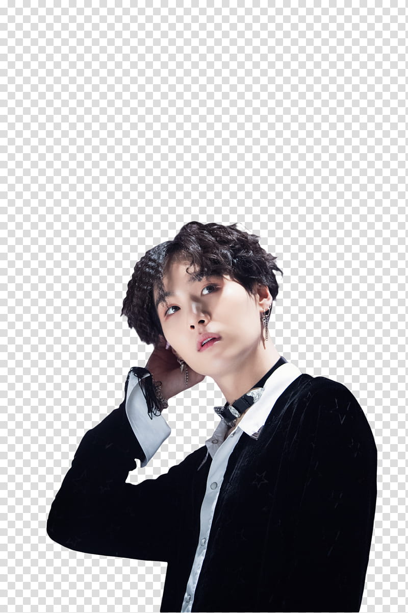 Yoongi BTS, man wearing black dress shirt with hands on neck transparent background PNG clipart