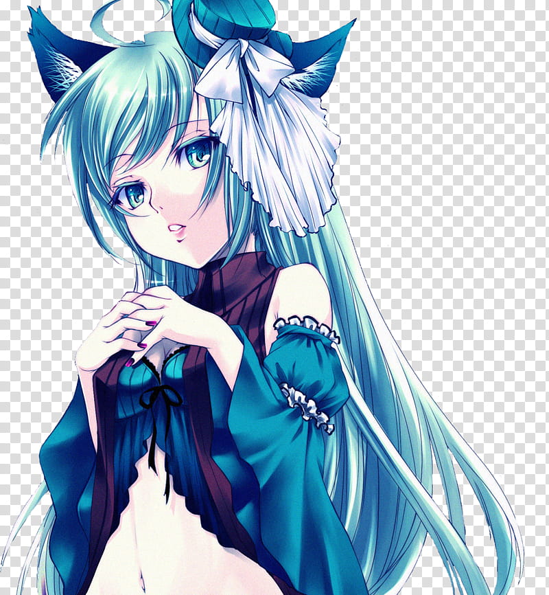 Neko Anime Girl, blue haired female anime character transparent background PNG clipart