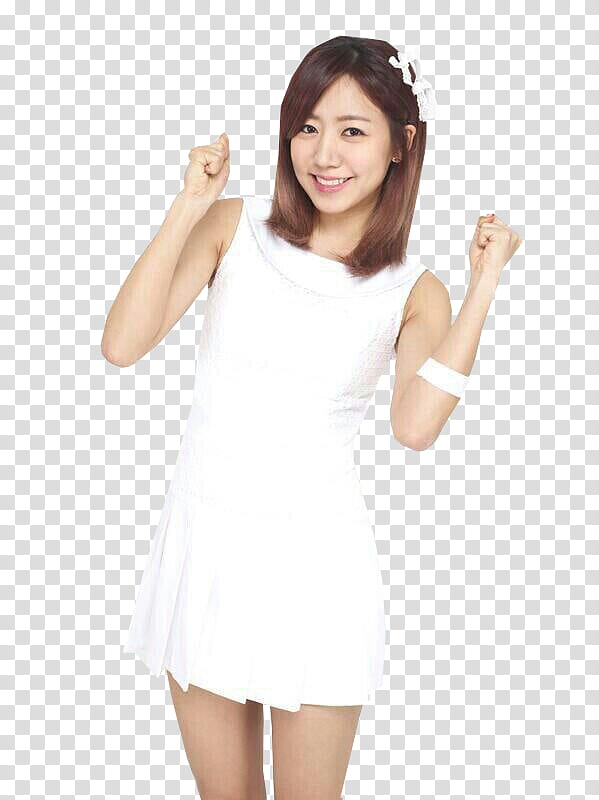APINK FOR G CF, smiling woman wearing white crew-neck sleeveless dress transparent background PNG clipart
