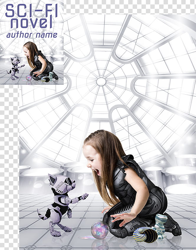 Science Fiction Book Cover Design, girl sitting beside cat robot transparent background PNG clipart