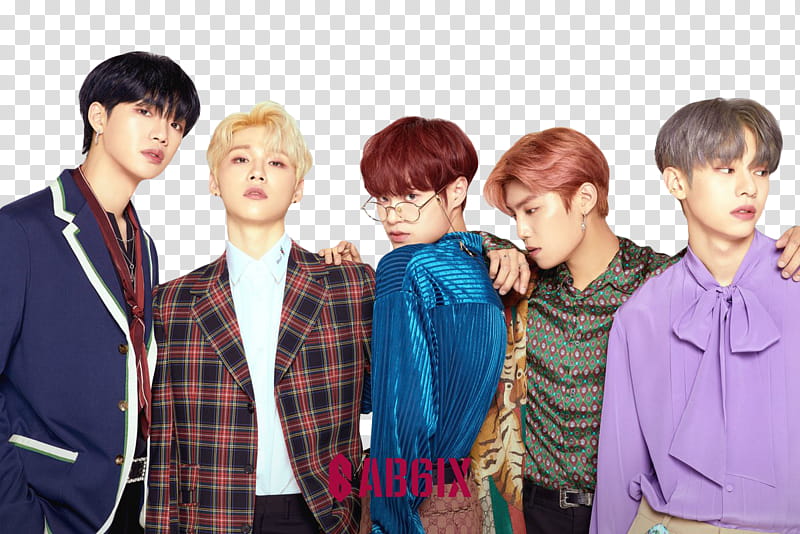 five Asian boyband members wears colorful attire transparent background PNG clipart