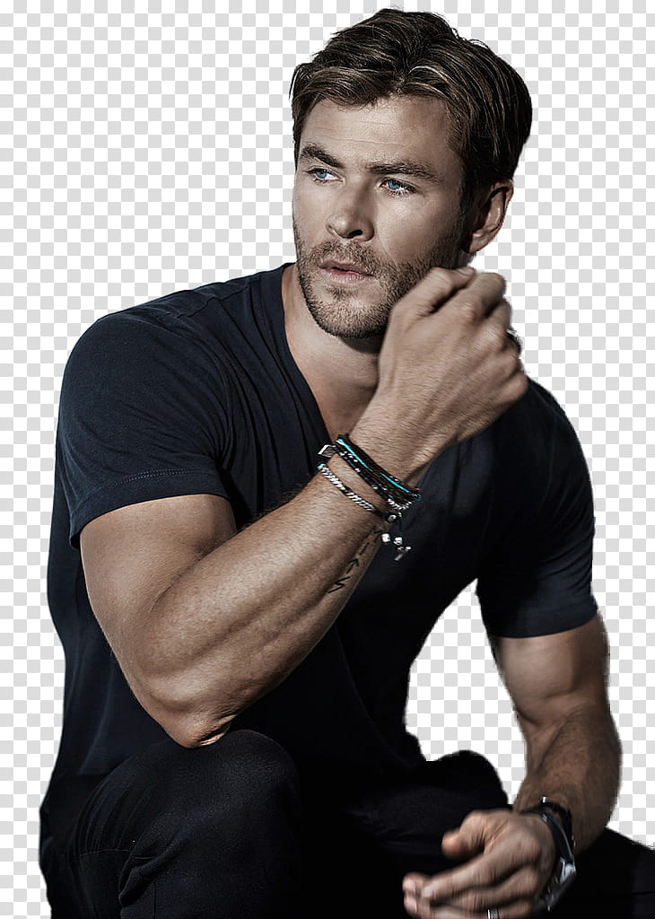 Chris Hemsworth, Chris Hemsworth wearing blue crew-neck t-shirt transparent background PNG clipart