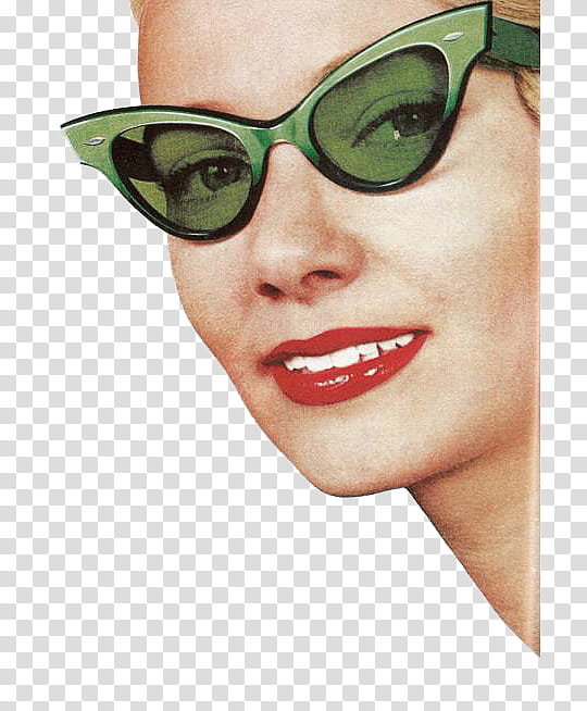 Vintage Files, smiling woman showing used green sunglasses transparent background PNG clipart