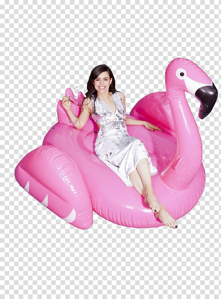 Sofia Carson , woman sitting on pink inflatable flamingo transparent background PNG clipart