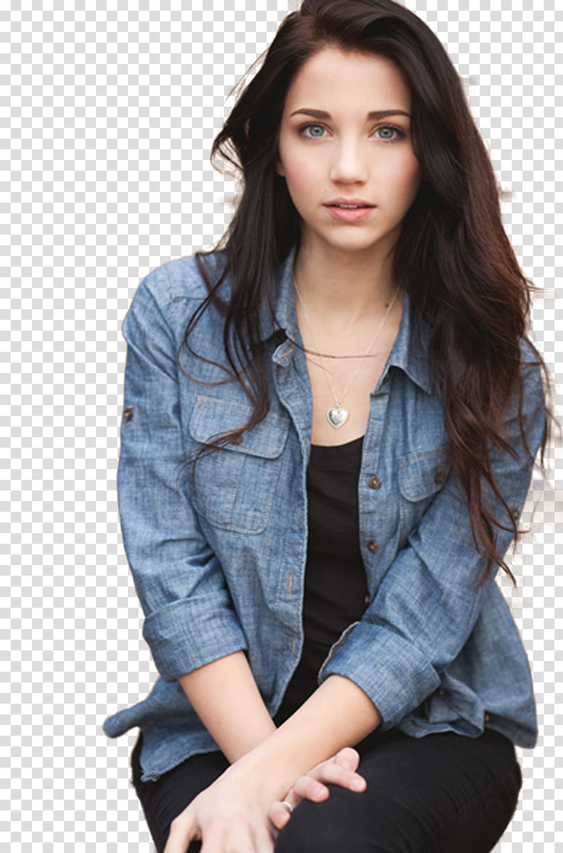 EMILY RUDD, woman wearing blue denim jacket transparent background PNG clipart