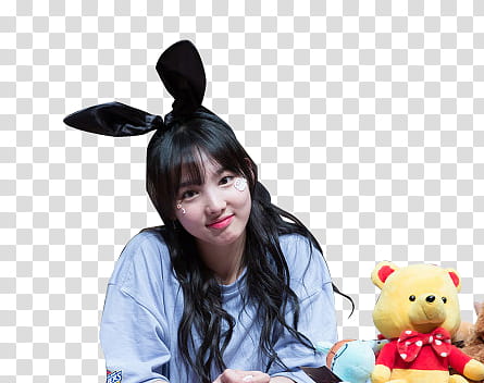 Nayeon, woman seated near Winnie the Pooh plush oty transparent background PNG clipart